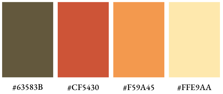 Colors: dirty moss green, burnt red, orange, butter yellow.