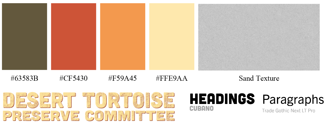 Style - colors: dirty moss green, burnt red, orange, butter yellow; sand texture; new logo; Cubano font for headings; Trade Gothic font for paragraphs.